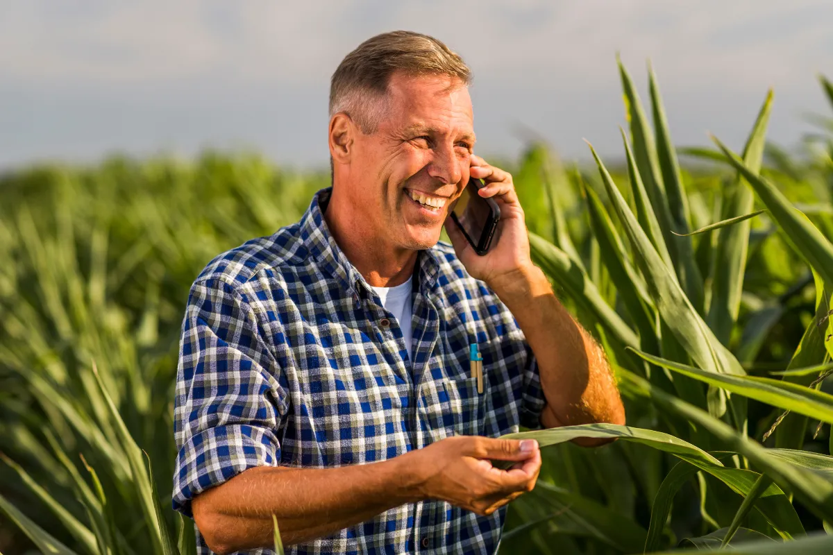 Produtor rural conversa ao telefone enquanto avalia uma plantação, acompanhando informações do mercado agrícola.