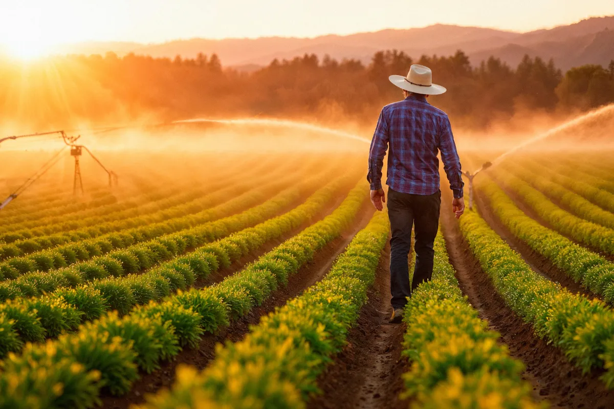 Produtor caminha entre lavouras irrigadas ao entardecer, mostrando como o clima influencia as safras em cada região.