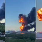 Imagens postadas nas redes sociais mostram um terminal de exportação de petróleo de São Petersburgo em chamas | Fotos: Reprodução/Redes sociais