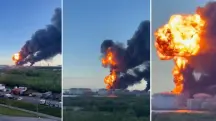 Imagens postadas nas redes sociais mostram um terminal de exportação de petróleo de São Petersburgo em chamas | Fotos: Reprodução/Redes sociais