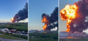Imagens postadas nas redes sociais mostram um terminal de exportação de petróleo de São Petersburgo em chamas | Fotos: Reprodução/Redes sociais