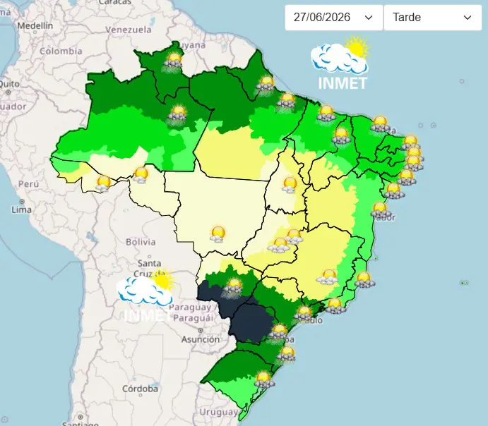 No mapa do clima do Brasil, disponível no site do Inmet, as áreas representadas na cor cinza demonstram chuvas com raios 