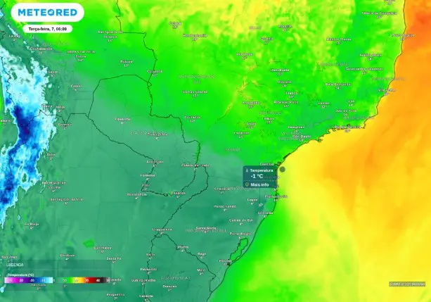 Mínima prevista para esta terça-feira, 7. O mapa indica marcas negativas sobre a Serra Catarinense e temperaturas baixas no Sul