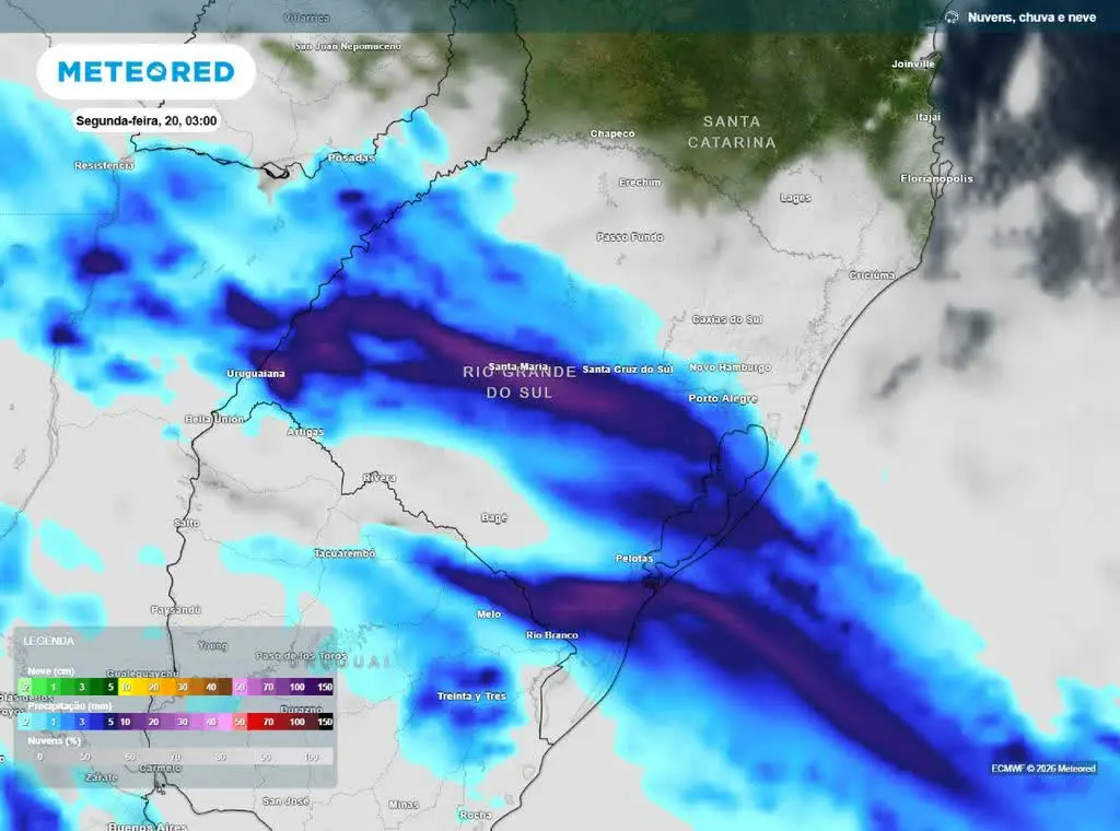 Chuvas intensas e tempestades estão previstas para a segunda-feira no Sul do país | Imagem: Meteored