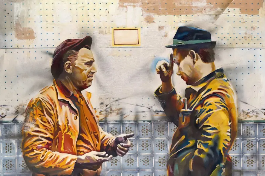 Representação artística de filósofos influentes discutindo sobre a vida