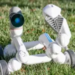 Plano médio de um pequeno robô modular branco e cinza dotado de rodas e uma câmera circular frontal, posicionado sobre um gramado verde iluminado pelo sol.