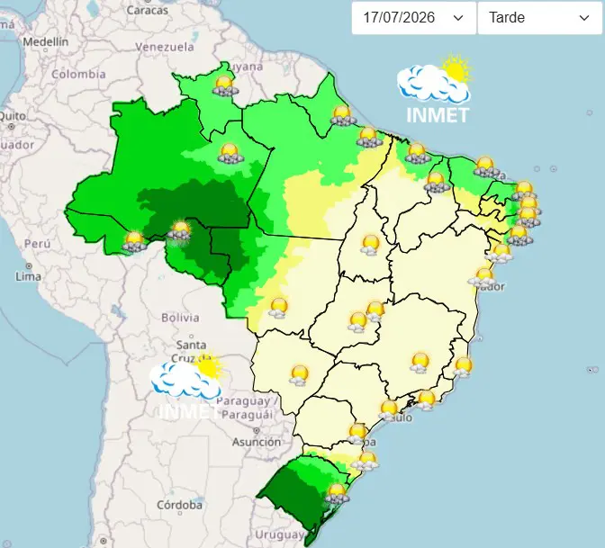 Mapa do clima do Brasil nesta sexta-feira, 17, mostra grande parte do território com sol e chuvas intensas no Norte