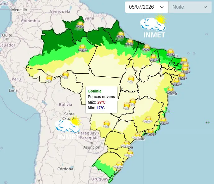 O mapa do clima do Brasil mostra uma grande parte do território com predomínio de sol, enquanto no Norte são previstas pancadas volumosas