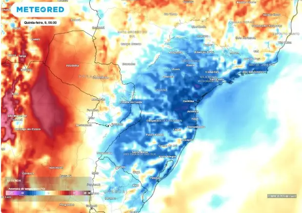 O mapa indica o ar frio ainda presente nas camadas mais baixas da atmosfera deixando o amanhecer gelado em áreas do Sul e do Sudeste