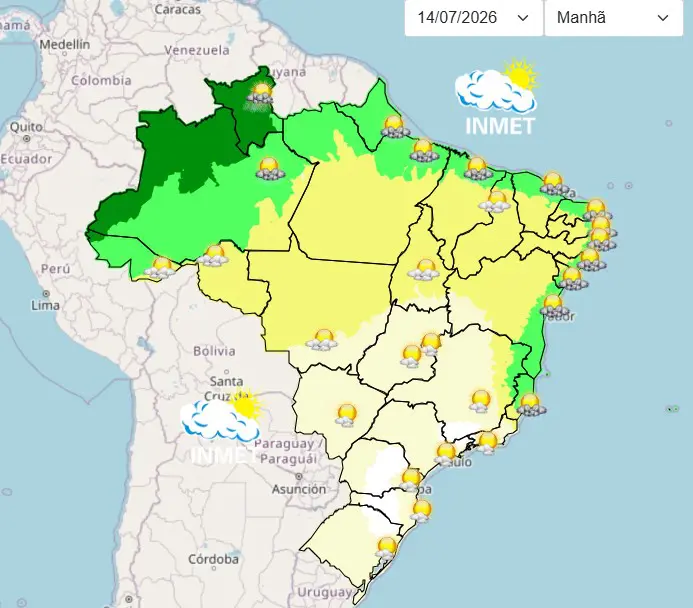 Mapa do clima do Brasil para esta terça-feira, 14, mostra grande parte do território com sol e poucas chuvas