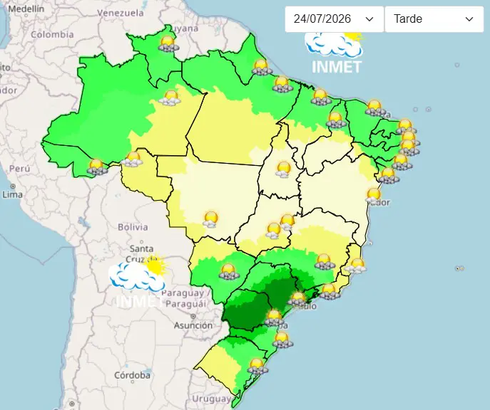 O mapa do clima do Brasil indica chuvas intensas no Sul e Norte do país 