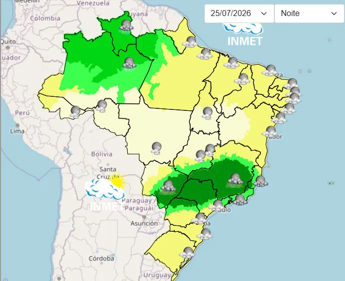 O mapa do clima do Brasil alerta chuvas intensas no Sudeste e Norte no período da noite neste sábado, 25