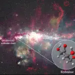 Imagem composta do centro da Via Láctea destaca a região onde os pesquisadores detectaram a eritrulose, o primeiro açúcar identificado no espaço interestelar | Ashley Barnes, Izaskun Jiménez-Serra e Juan García de la Concepción/Divulgação