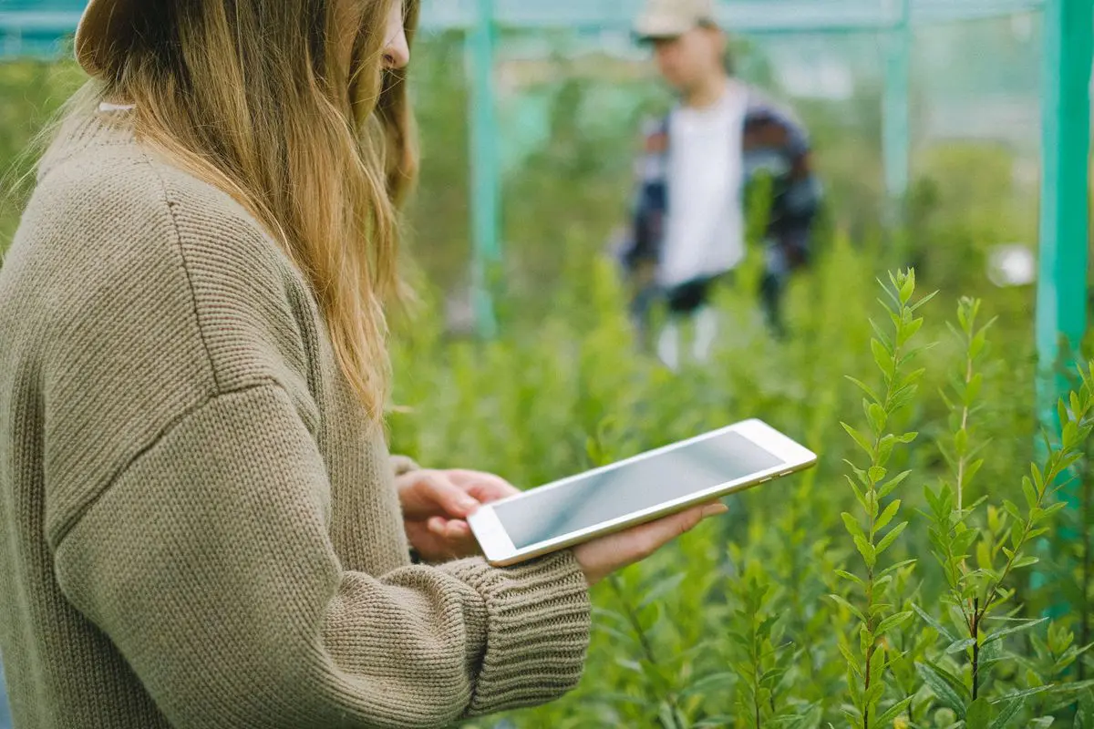 Plano médio de perfil de uma pessoa com cabelos longos e casaco de tricô marrom, segurando um tablet digital de tela espelhada em meio a plantas verdes, com outro trabalhador desfocado ao fundo.