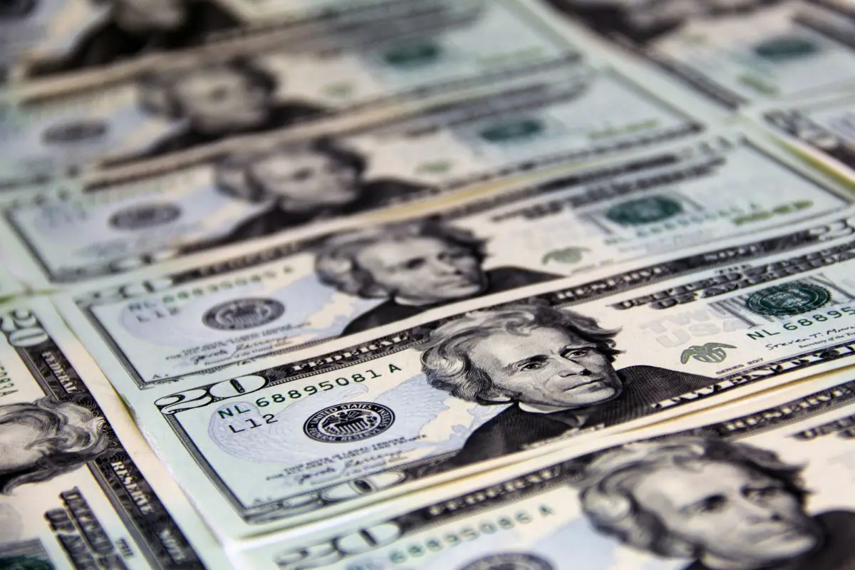 Várias notas americanas de vinte dólares dispostas de forma organizada e sequencial em fileiras paralelas sobrepostas, com foco nítido na cédula central e desfoque gradual ao fundo.