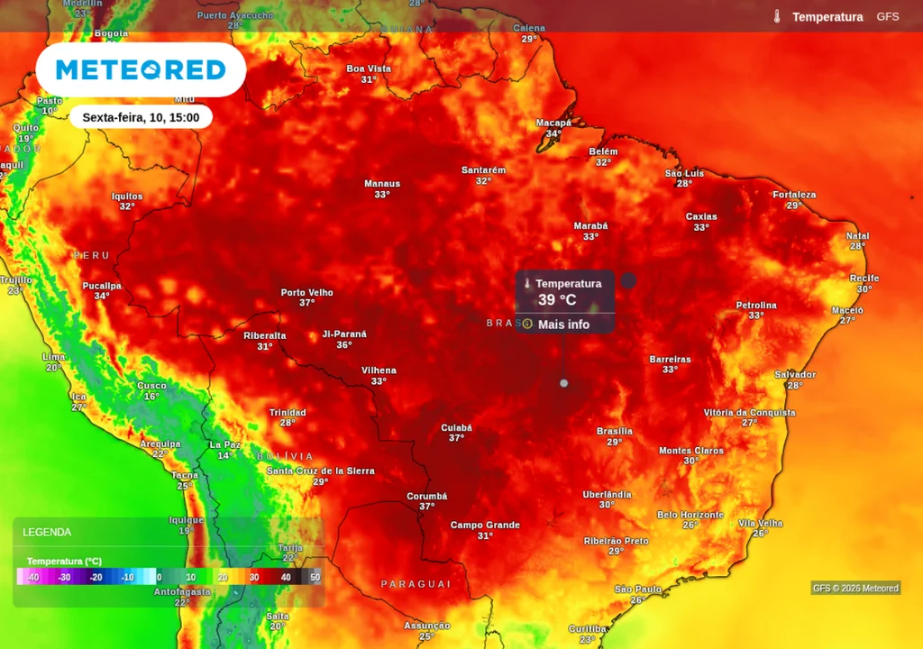 Previsão de temperatura máxima para sexta-feira, 10 | Imagem: Meteored