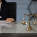 Plano médio de uma balança da justiça de metal dourado em primeiro plano sobre uma mesa de vidro, com uma mulher de terno preto folheando papéis desfocada ao fundo.