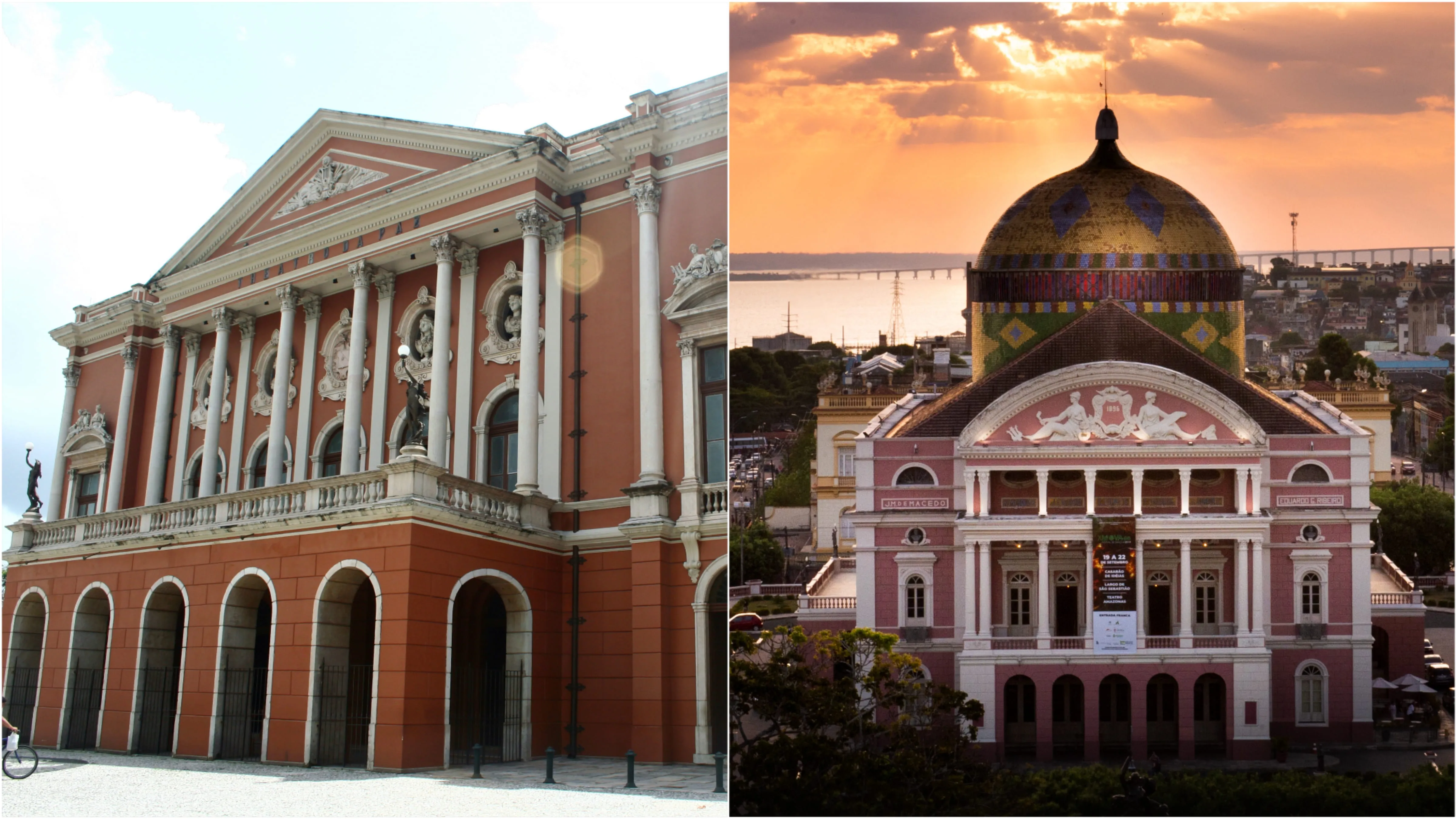 Theatro da Paz, em Belém, e Teatro Amazonas, em Manaus | Colagem das fotos de Celso Roberto de Abreu Silva/Wikimedia Commons e Rafael Zart/Secretaria Especial da Cultura do Ministério da Cidadania