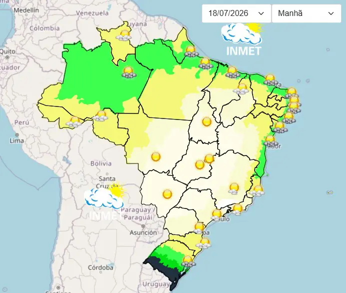 Mapa do clima do Brasil neste sábado mostra grande parte do território brasileiro com sol e altas temperaturas