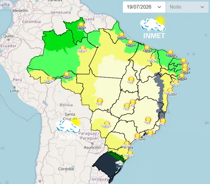 O mapa do clima do Brasil neste domingo, 19, detalha grande parte do território com sol. Em contrapartida, no Rio Grande do Sul há riscos de tempestades com queda de granizo