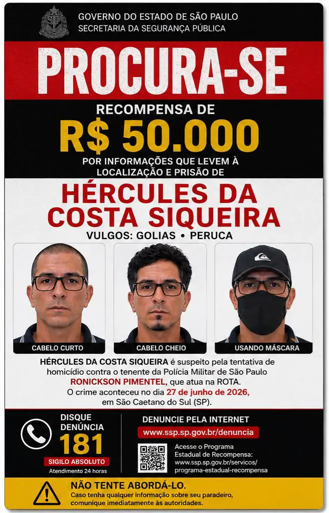 SSP oferece recompensa de R$ 50 mil por informações que levem à prisão de suspeito de atentado